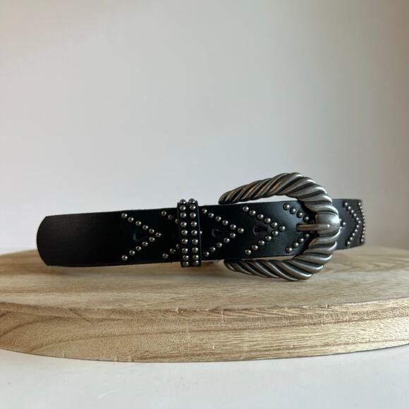 MW Black Genuine Leather Silver Studded Chunky Buckle Belt Size Small NEW - Picture 11 of 11